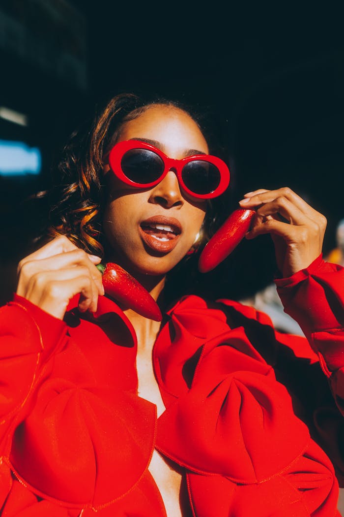 Fashionable woman in red holding chili peppers, wearing bold red sunglasses against a dark background.